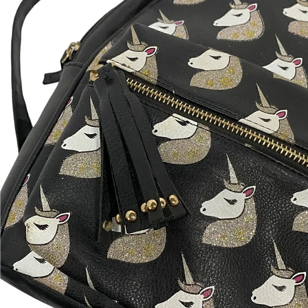OMG Accessories Glitter Unicorn Black Backpack with Gold and White Accents